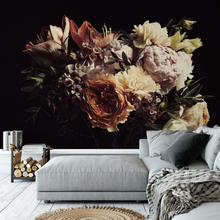 Load image into Gallery viewer, Dark Flowers Terracotta Botanical Wallpaper Mural - Vintage Flowers on Black