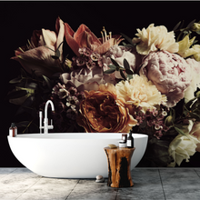 Load image into Gallery viewer, Dark Flowers Terracotta Botanical Wallpaper Mural - Vintage Flowers on Black