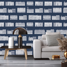 Load image into Gallery viewer, Amsterdam Canal Houses Dark Blue Pattern Wallpaper