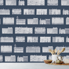 Load image into Gallery viewer, Amsterdam Canal Houses Dark Blue Pattern Wallpaper