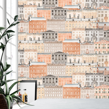 Afbeelding in Gallery-weergave laden, Amsterdamse Grachten Huizen Overlappend Patroon Behang in Origineel Oranje, Beige, Zwart en Wit