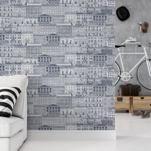 Amsterdam Canal Houses Overlapping Blue & White Pattern Wallpaper