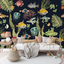 Load image into Gallery viewer, Ocean Life Dark Blue Wallpaper Pattern with Classic Colourful Fish