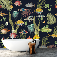 Load image into Gallery viewer, Ocean Life Dark Blue Wallpaper Pattern with Classic Colourful Fish