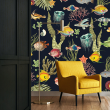 Load image into Gallery viewer, Ocean Life Dark Blue Wallpaper Pattern with Classic Colourful Fish