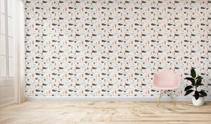 Narwhals and Rainbows - Wallpaper Pattern - Beige, Pink, Black and White