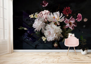 Dark Flowers with White and Pink Wallpaper Mural - Vintage Flowers on Black