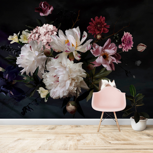 Dark Flowers with White and Pink Wallpaper Mural - Vintage Flowers on Black