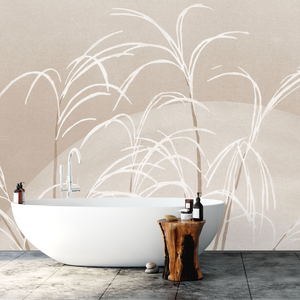 Moon and Grasses Neutral and Beige Colors Wallpaper Mural Artwork