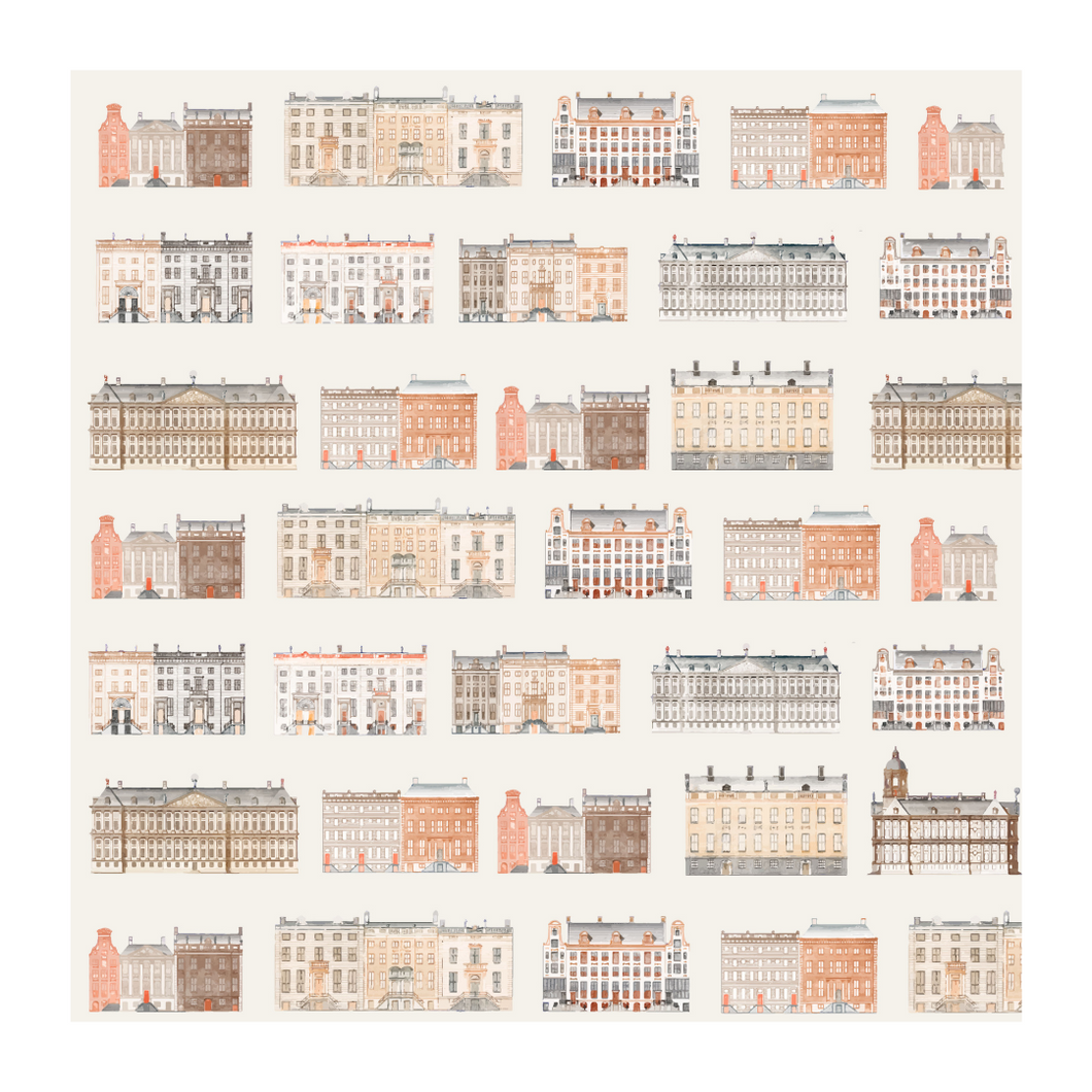 Amsterdamse Grachten Huizen Origineel Patroon Behang in Oranje, Zwart en Beige 