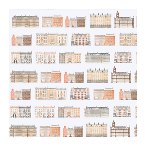 Amsterdamse Grachten Huizen Patroon Behang in Lavendel Grijs, Oranje, Zwart en Wit