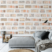 Afbeelding in Gallery-weergave laden, Amsterdamse Grachten Huizen Patroon Behang in Lavendel Grijs, Oranje, Zwart en Wit
