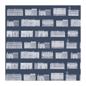 Amsterdamse Grachten Huizen Patroon Behang in Donker Blauw en Wit