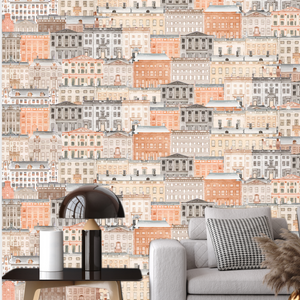 Amsterdamse Grachten Huizen Overlappend Patroon Behang in Origineel Oranje, Beige, Zwart en Wit