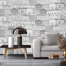 Load image into Gallery viewer, Amsterdam Canal Houses Overlapping Black &amp; White Pattern Wallpaper
