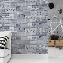 Load image into Gallery viewer, Amsterdam Canal Houses Overlapping Blue &amp; White Pattern Wallpaper
