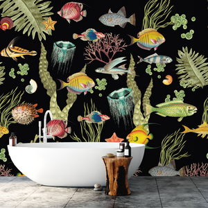 Ocean Life Black Wallpaper Pattern with Colourful Fish