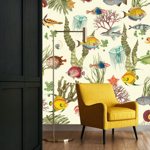 Ocean Life Cream Wallpaper Pattern with Colourful Fish
