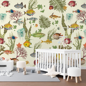Ocean Life Cream Wallpaper Pattern with Colourful Fish