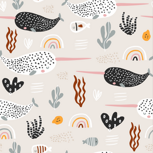 Narwals en Regenbogen - Behang patroon - Beige, Roze, Zwart en Wit