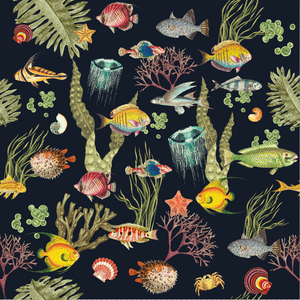 Ocean Life donkerblauw behangpatroon met klassieke kleurrijke vissen